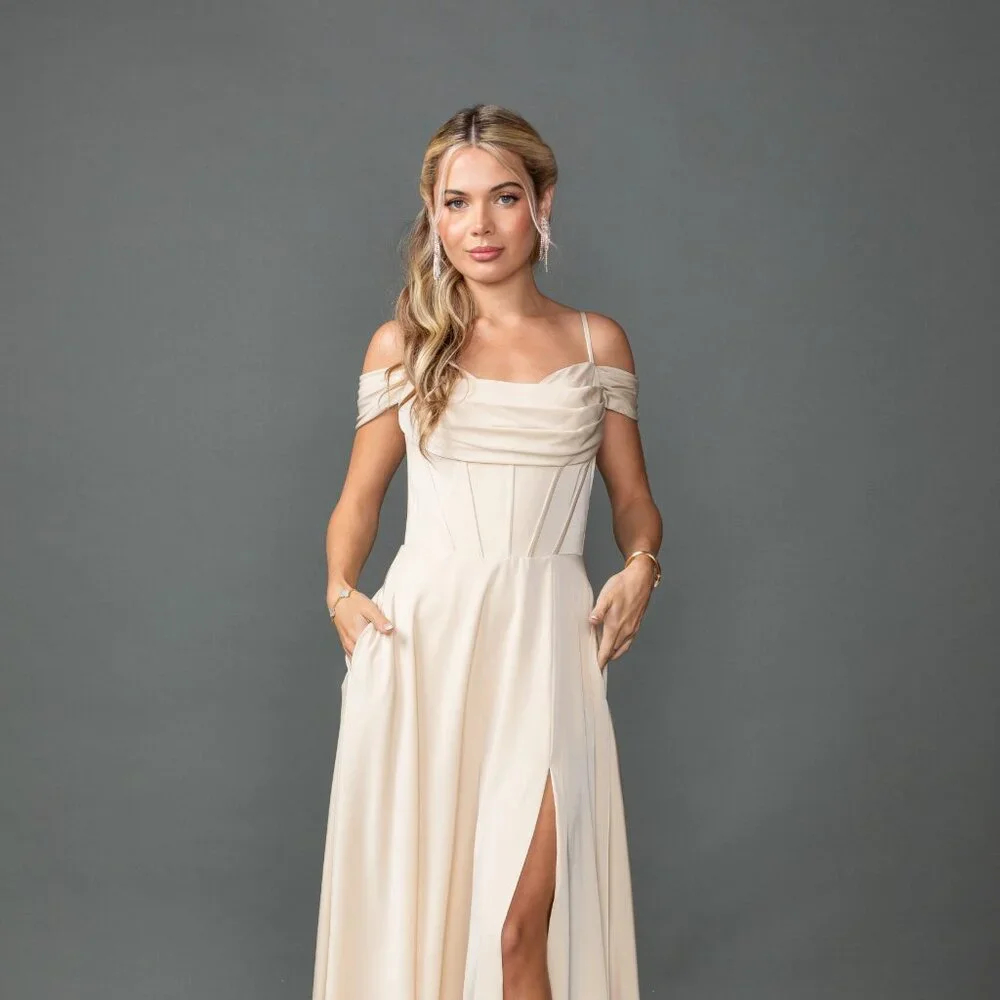 New Off the Shoulder Bridesmaid Chiffon Gown w/ Cowl Neck & Boned Bodice DQ 4539
